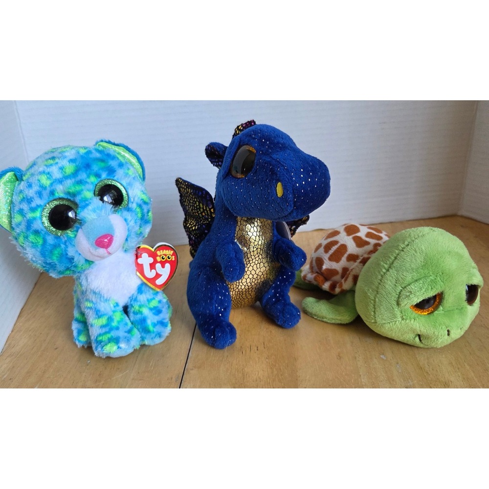 Ty Beanie Boos Plush Lot of 3 Leona Leopard Saffire Dragon Zippy Turtle 6 inch